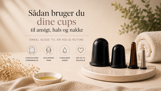 BodyLove cups til ansigt, hals og nakke vist på en lys spa-inspireret baggrund med tekst om, hvordan du bruger dine cups.