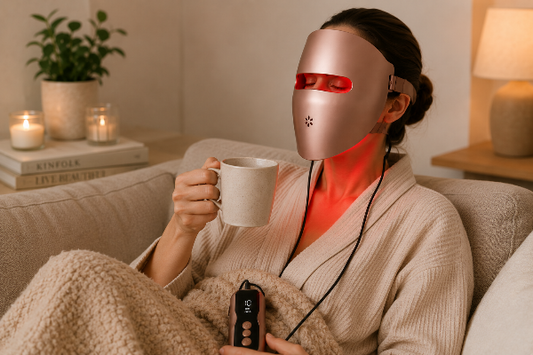 Kvinde slapper af i badekar med BodyLove Glow™ LED Mask under en 10-minutters LED-lysterapi behandling hjemme.