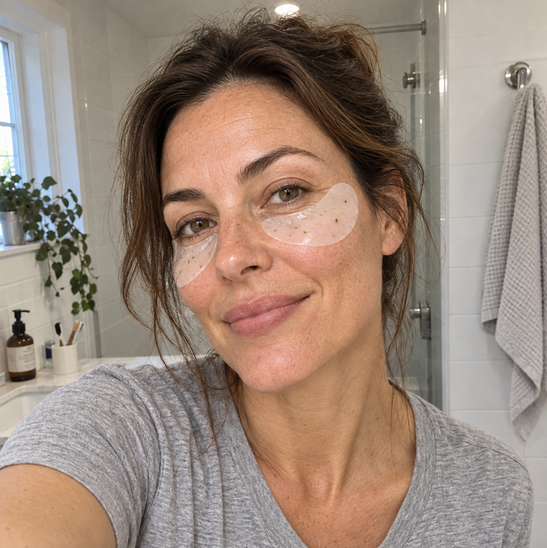 Kvinde med Bodylove Hydrogel Eye Patches under øjnene