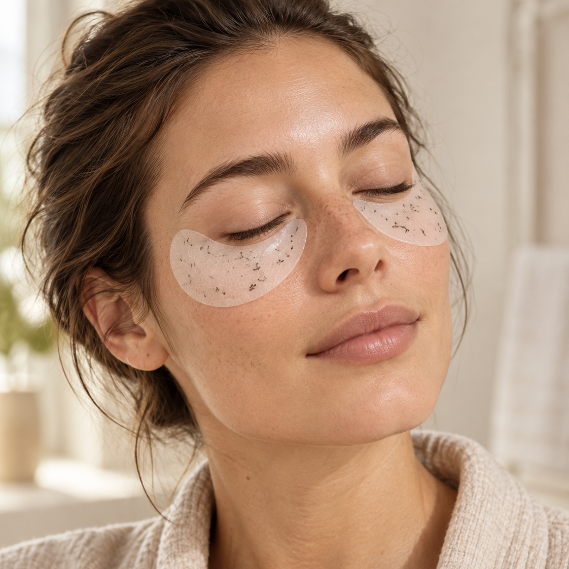 Kvinde med Bodylove Hydrogel Eye Patches under øjnene