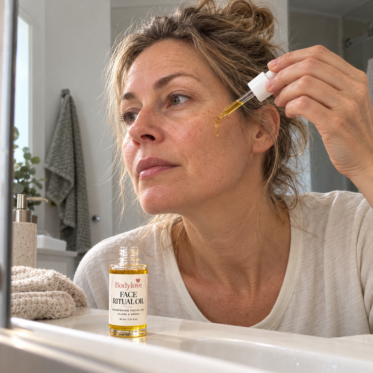 Kvinde påfører BodyLove Face Ritual Oil på kinden med en pipette – illustrativt miljøbillede