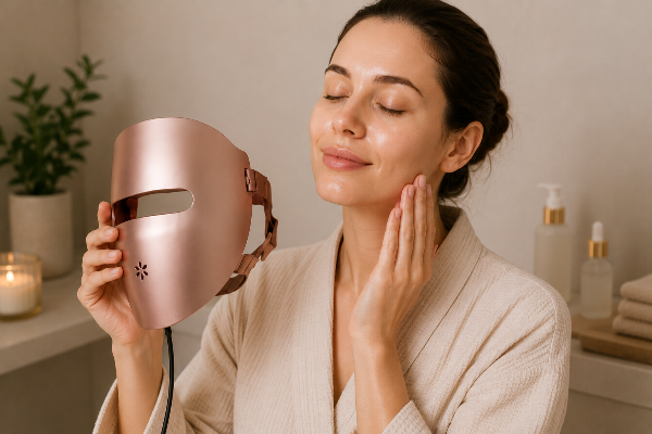 Kvinde afslutter sin LED-lysbehandling med BodyLove Glow™ LED Mask og fortsætter sin hudplejerutine med synligt frisk og strålende hud.