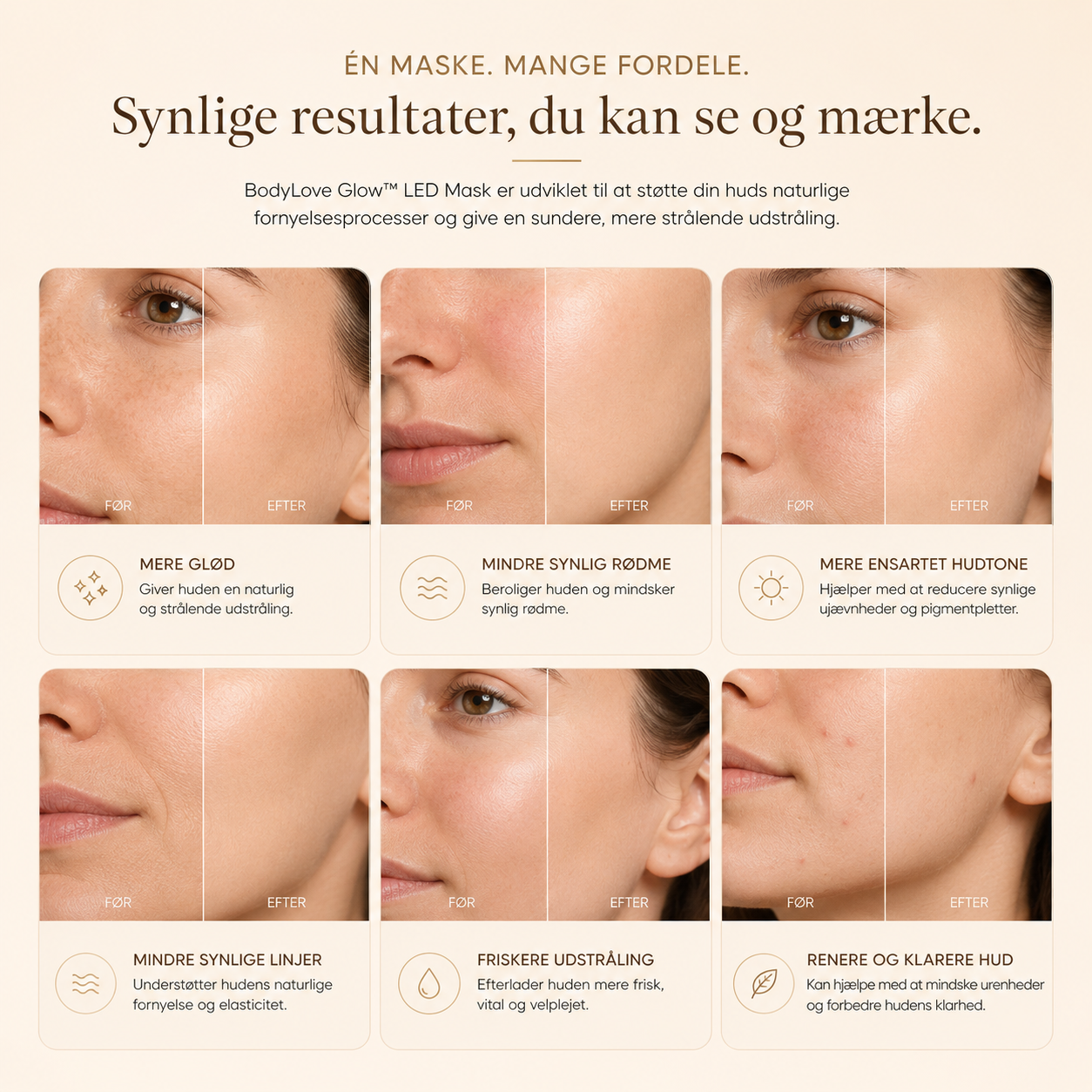 BodyLove Glow™ LED Mask hjælper med at forbedre hudens glød og skabe en mere ensartet hudtone