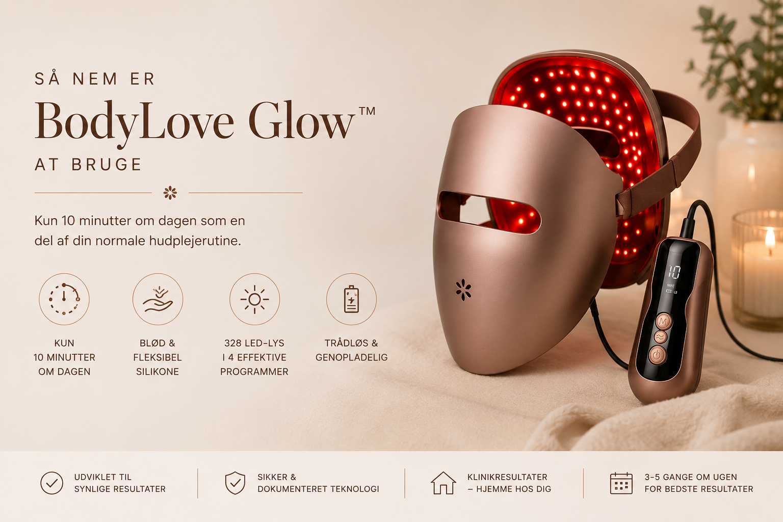 BodyLove Glow™ LED Mask med 328 LED-lys, fleksibel silikone og 4 behandlingsprogrammer til hjemmebaseret LED-lysterapi.