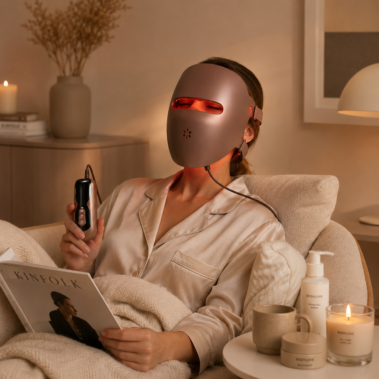 Kvinde bruger BodyLove Glow™ LED Mask som en del af sin daglige hudplejerutine