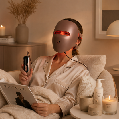 Kvinde bruger BodyLove Glow™ LED Mask som en del af sin daglige hudplejerutine