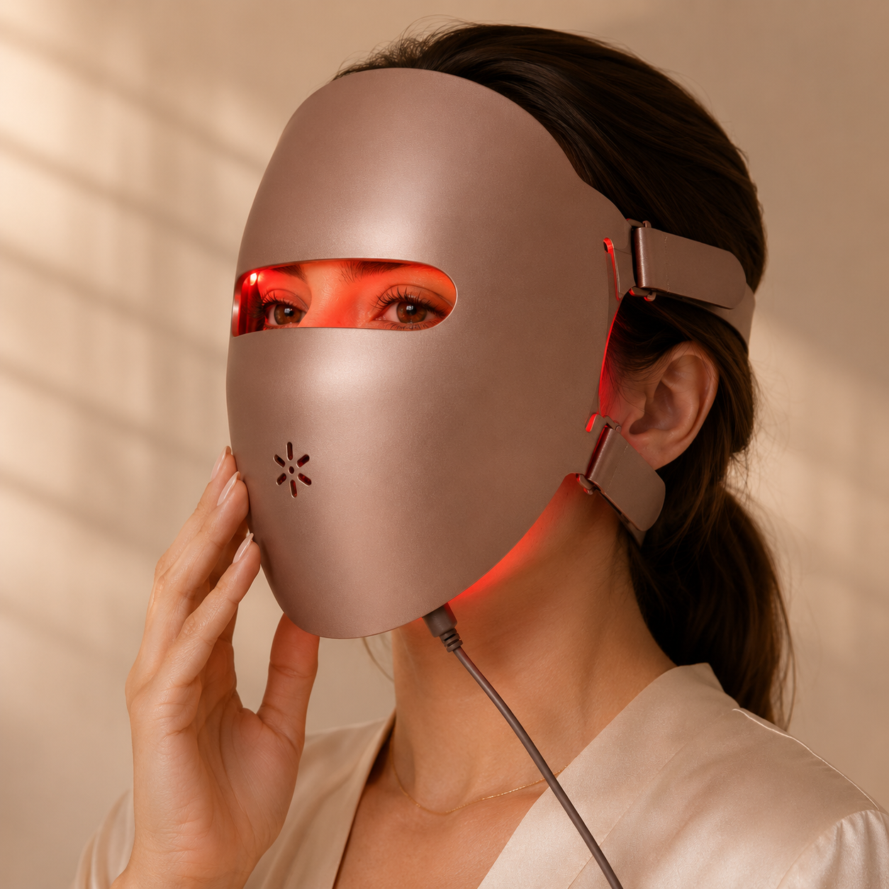 Kvinde bruger BodyLove Glow™ LED Mask under LED-lysbehandling