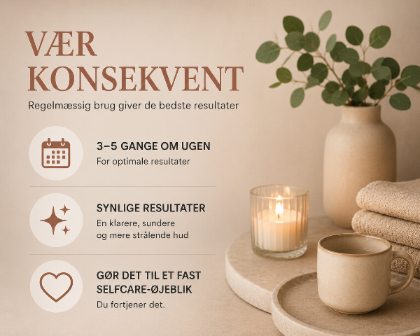 Regelmæssig brug af BodyLove Glow™ LED Mask 3–5 gange om ugen hjælper med at skabe synlige resultater og gøre hudpleje til en fast del af hverdagen.