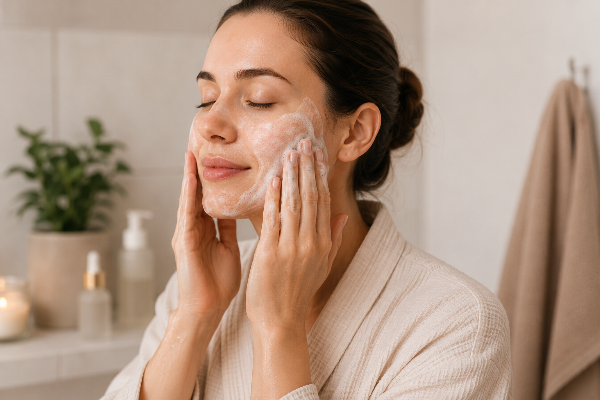 Kvinde renser ansigtet som første trin før behandling med BodyLove Glow™ LED Mask.
