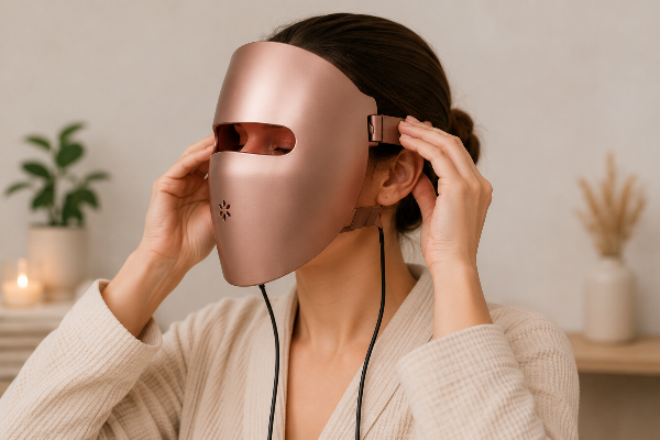 Kvinde justerer BodyLove Glow™ LED Mask for en behagelig og korrekt pasform før behandlingen.